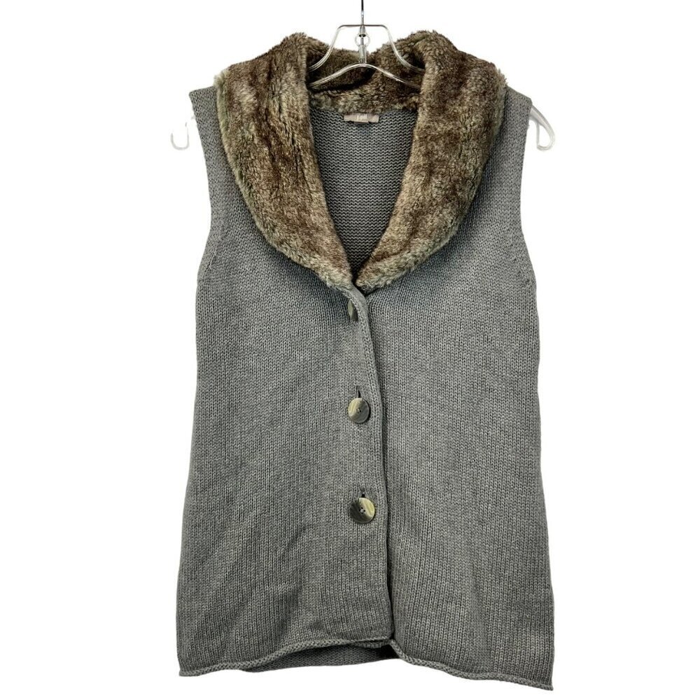 J.Jill Womens Sleeveless Button Front Sweater Gray/Multi Faux Fur Collar XS